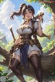 A woman sitting on a tree branch holding a gun.