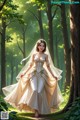 A woman in a wedding dress walking through a forest.