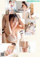 A collage of photos of a woman in lingerie on a bed.